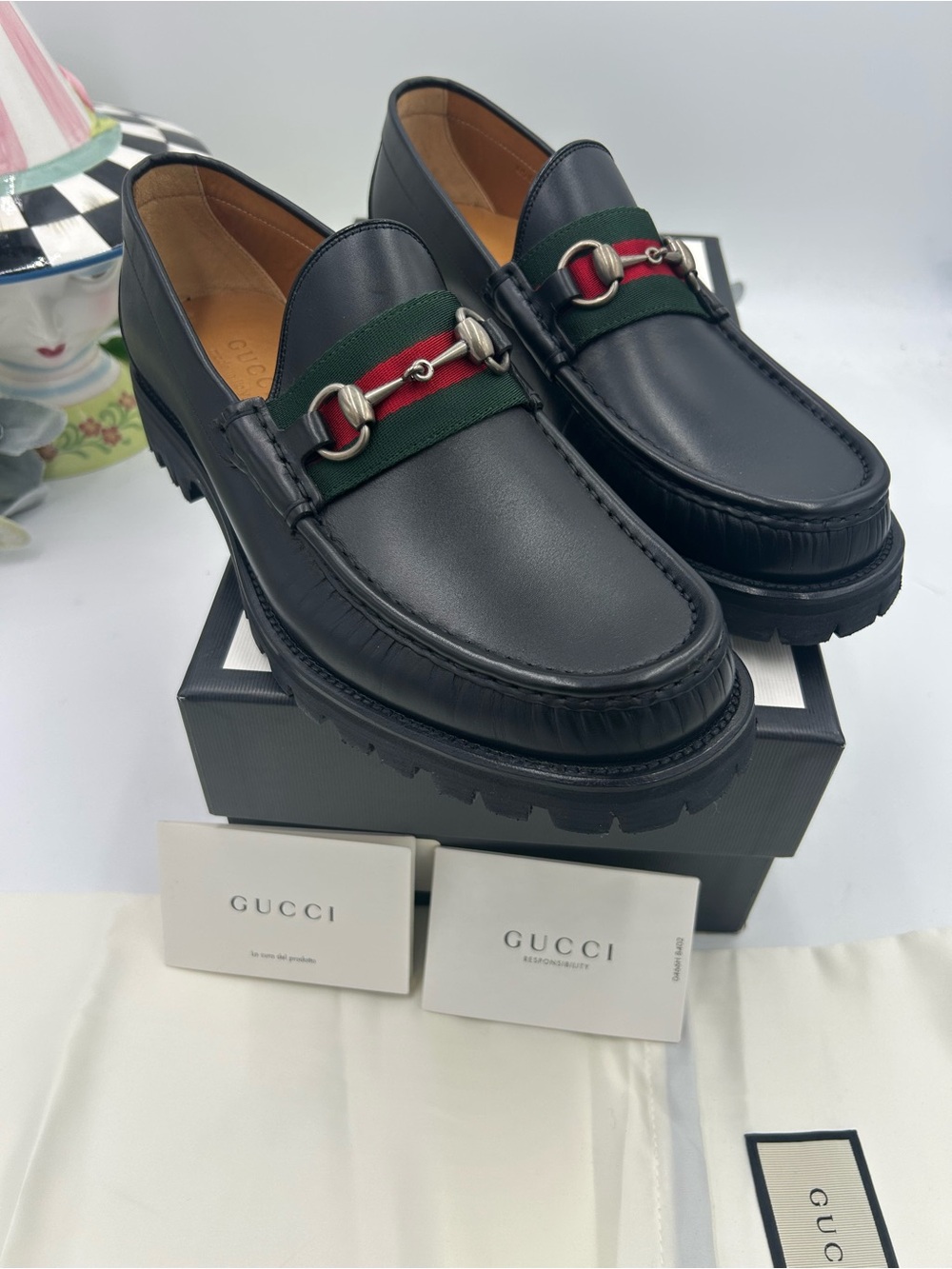 Men's Gucci lug sole web stripe horse bit loafers size 9 fits 9.5 US made Italy - Picture 4 of 11